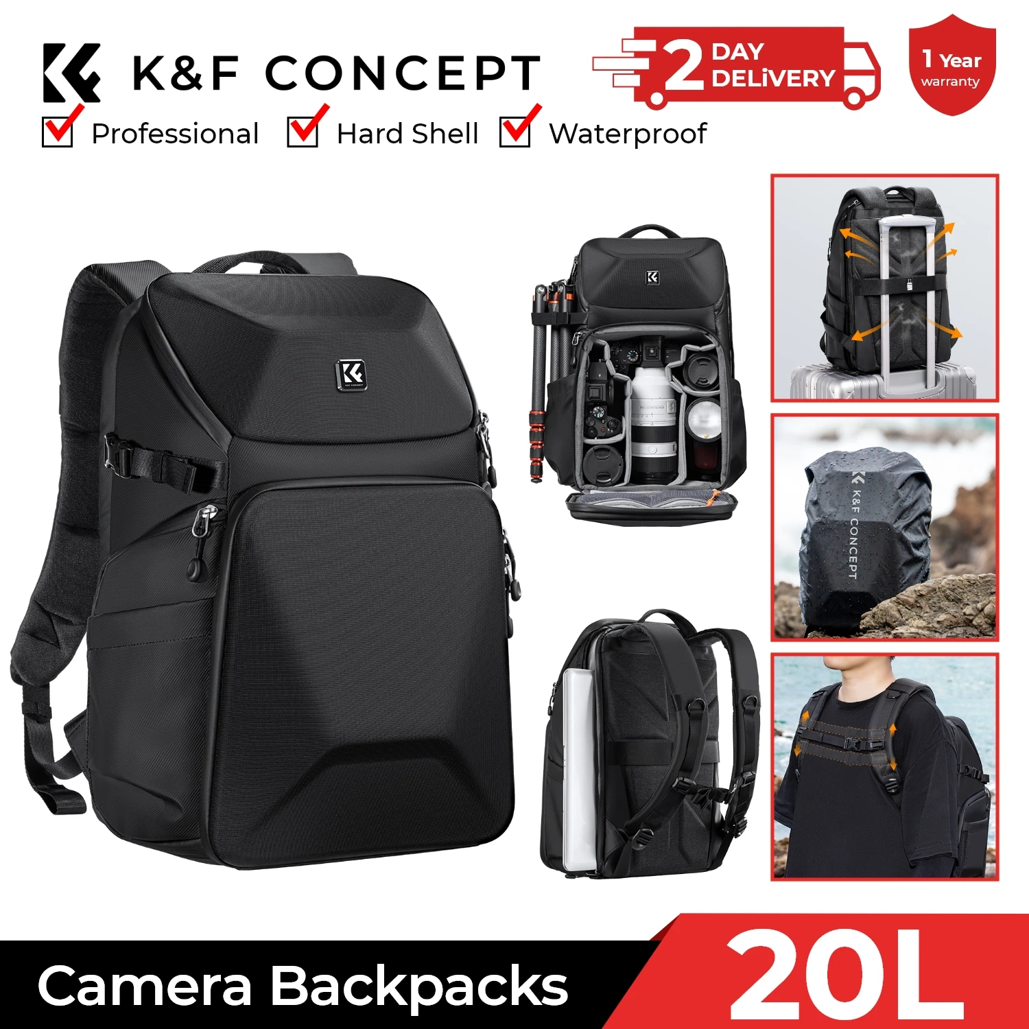 Laptop Backpack 15.6 - K&F CONCEPT 20L cameratas waterdicht met