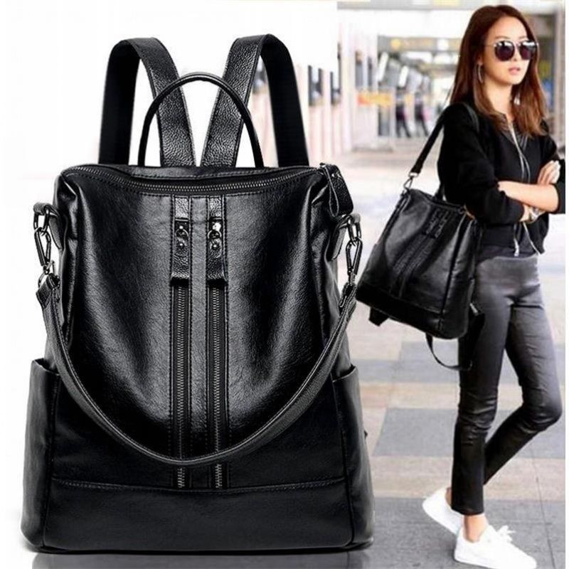Canvas Backpack Casual - Dames Zacht Leren Rugzak School Zwart