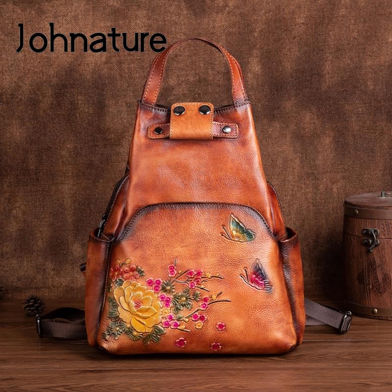 Leather Backpack Vintage - Johnature lederen schoudertas met reliëf, damesrugzak